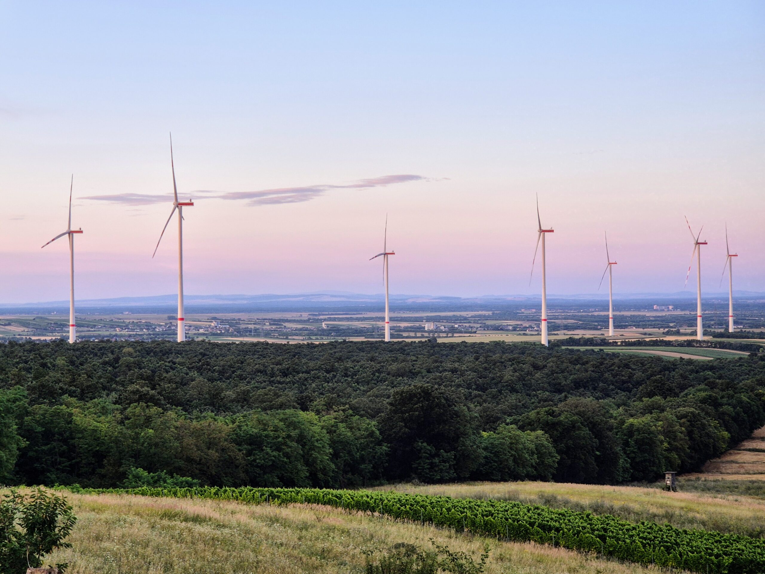 Foto von Panorama mit Windrädern und Sonnenuntergang