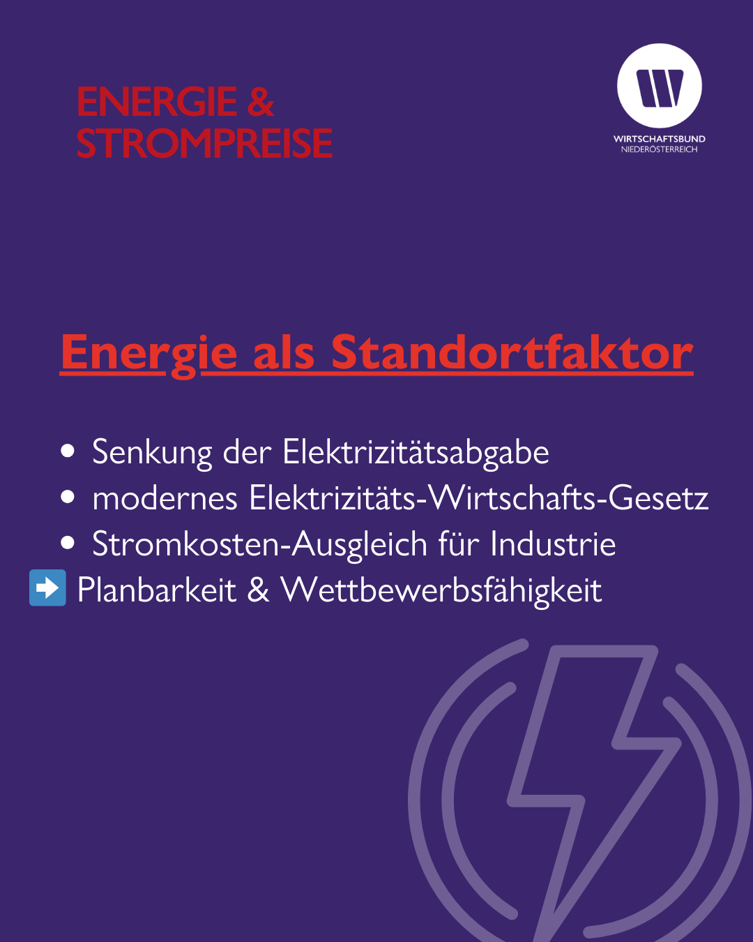 Grafik mit lila Hintergrund, Energie und Strompreise